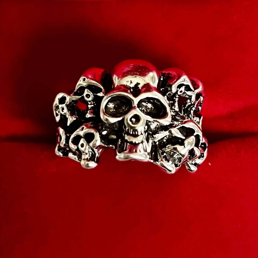 Multi Skull Ring: Outlaw Graveyard Biker Titanium Steel Silver Statement Ring 9